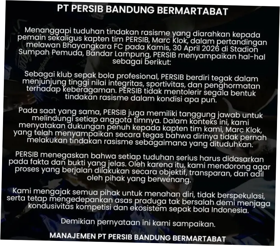 Persib Bela Marc Klok Terkait Tuduhan Rasis: Harus Berdasar Bukti dan Fakta