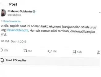 Ramai Unggahan Lama Prabowo Subianto Soal Kondisi Rupiah, Ditanggapi No Debat