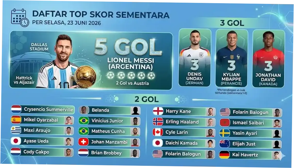 Top Skor Piala Dunia 2026 Hari Ini: Mbappe dan Haaland Tempel Messi, Ronaldo 0 Gol