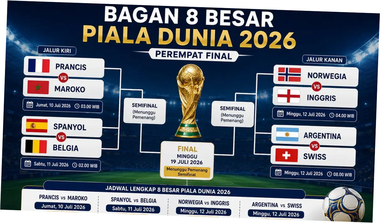 Jadwal 8 Besar Piala Dunia 2026 Malam Ini: Norwegia vs Inggris dan Argentina vs Swiss