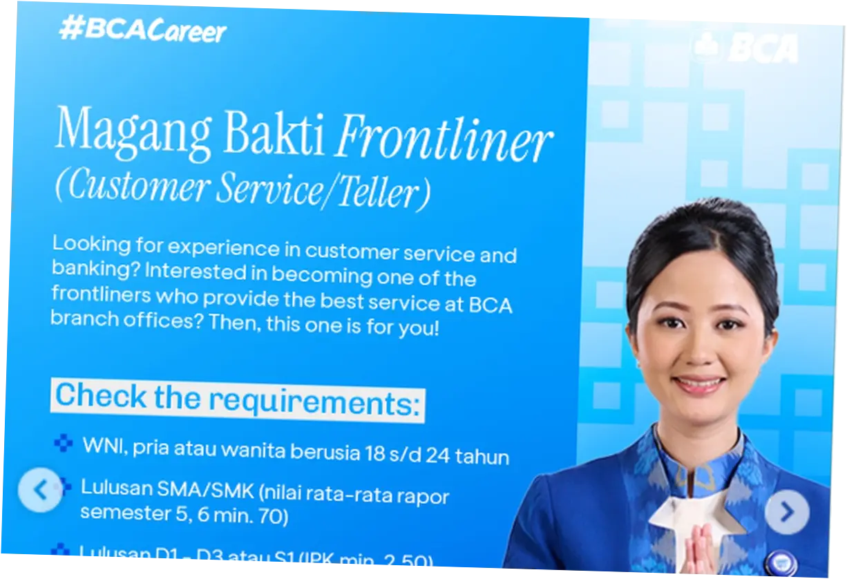 Lowongan Kerja di BCA Program Magang Bakti, Posisi Customer Service dan Frontliner