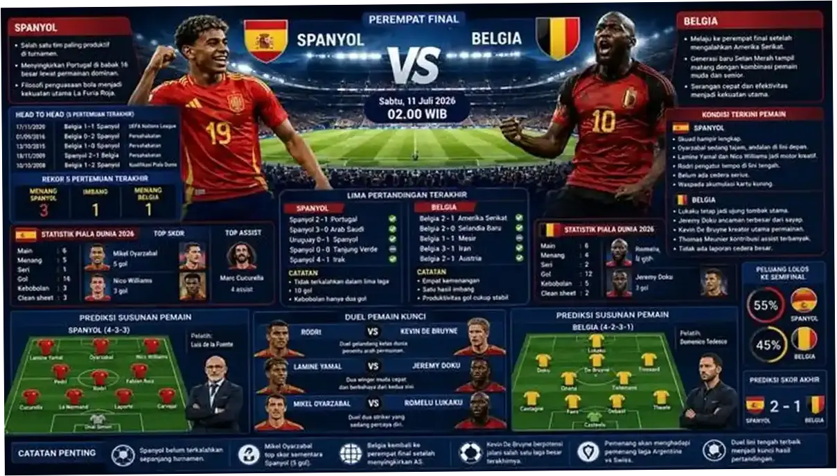 Pertandingan Spanyol vs Belgia di Piala Dunia 2026: Pertarungan Sengit di Babak Delapan Besar